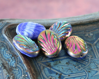 Czech Glass Cobalt Marble w/ Vitrail Fan Oval 17x12mm