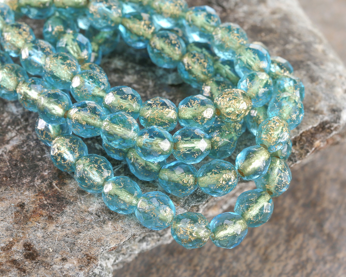 Czech Glass Textured Aquamarine w/ Gold Fire Polished Round 8mm
