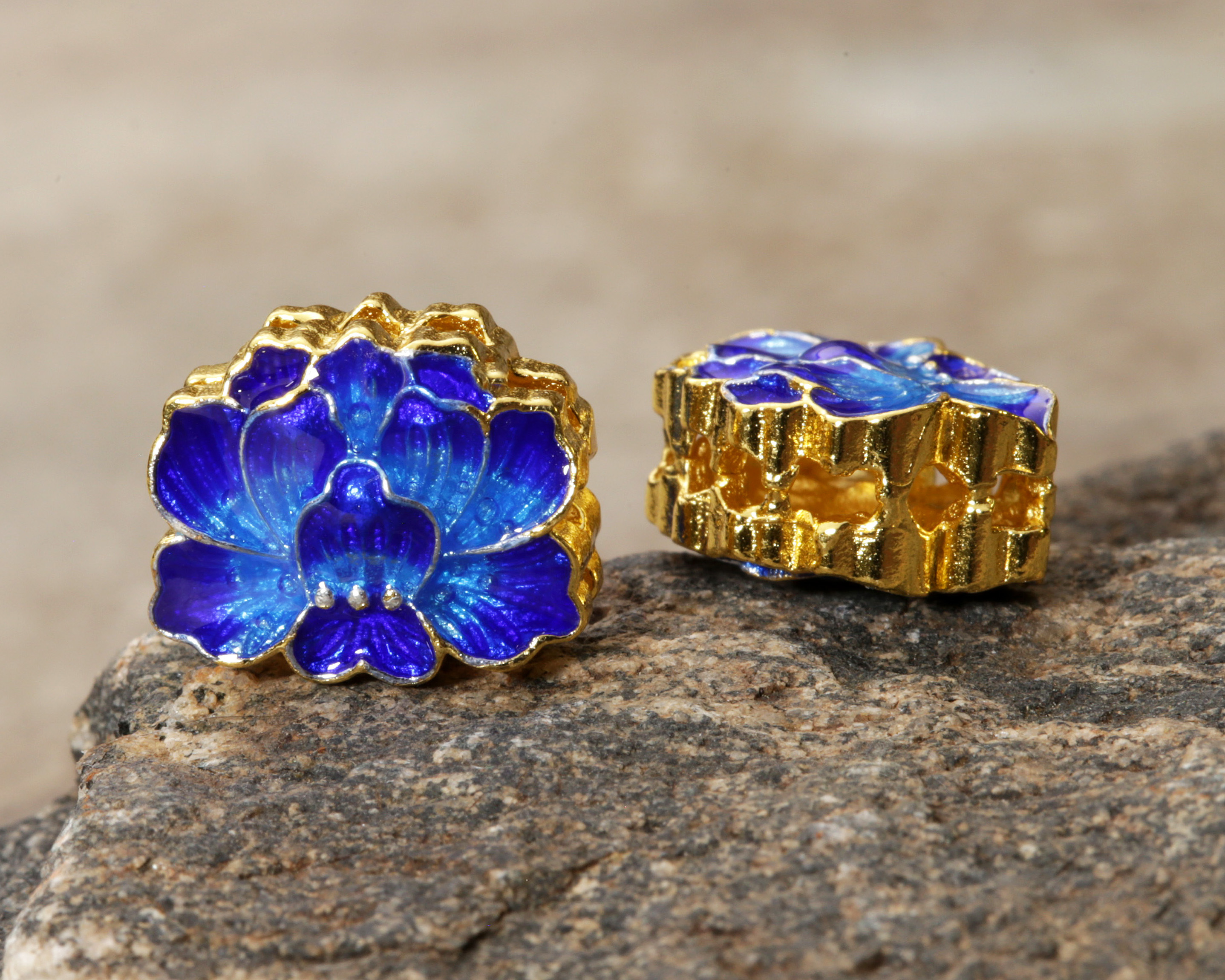 Cloisonné Blue & Sky Blue Gold Finish Openwork Lotus Focal Bead