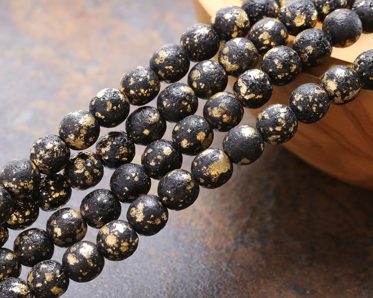 Czech Glass Textured Jet w/ Gold Flecks Round Druk 8mm