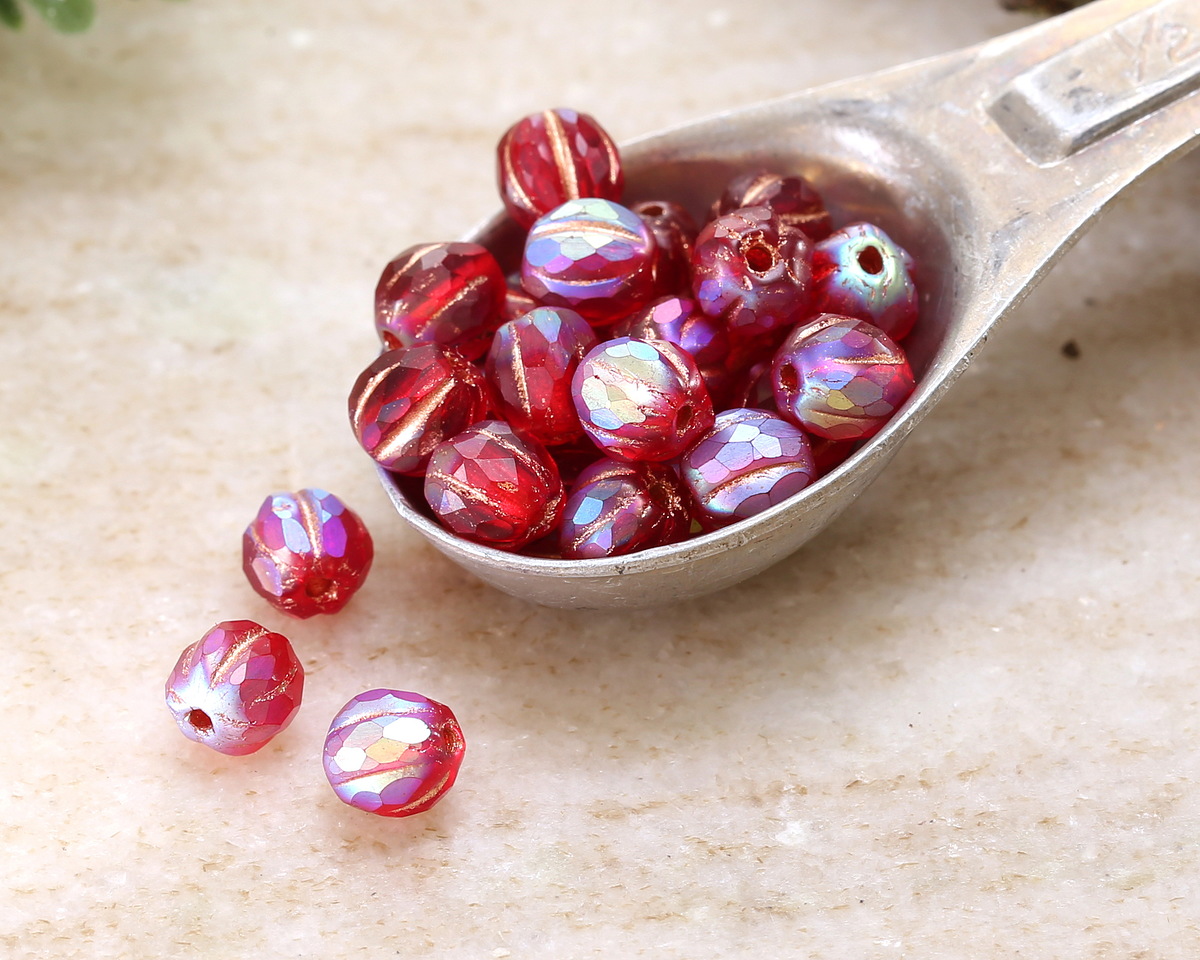 Czech Glass Matte Ruby Red AB w/ Copper Faceted Melon 6mm