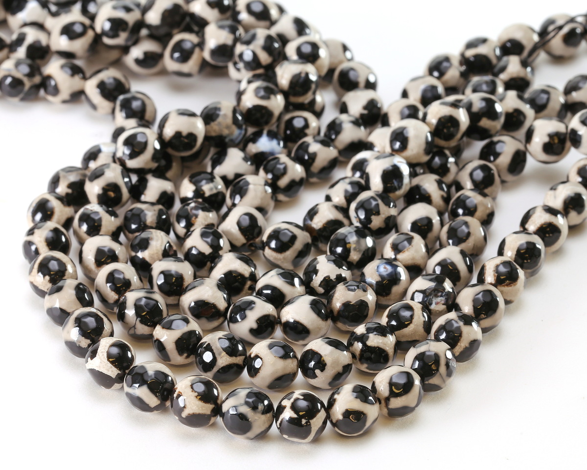 Tibetan (Dzi) Agate Black & White Patterned Faceted Round 10mm
