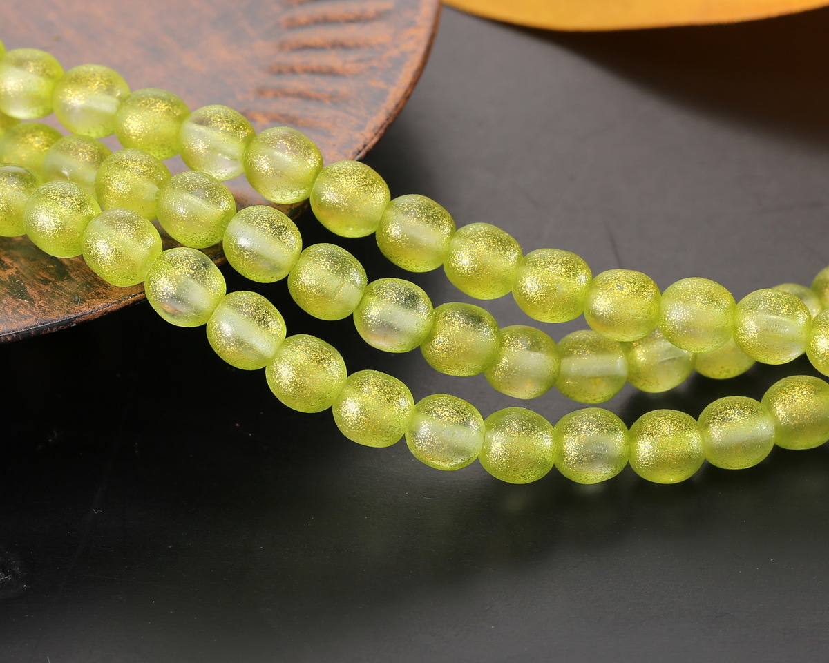 Czech Glass Green Apple w/ Gold Wash Textured Round Druk 6mm