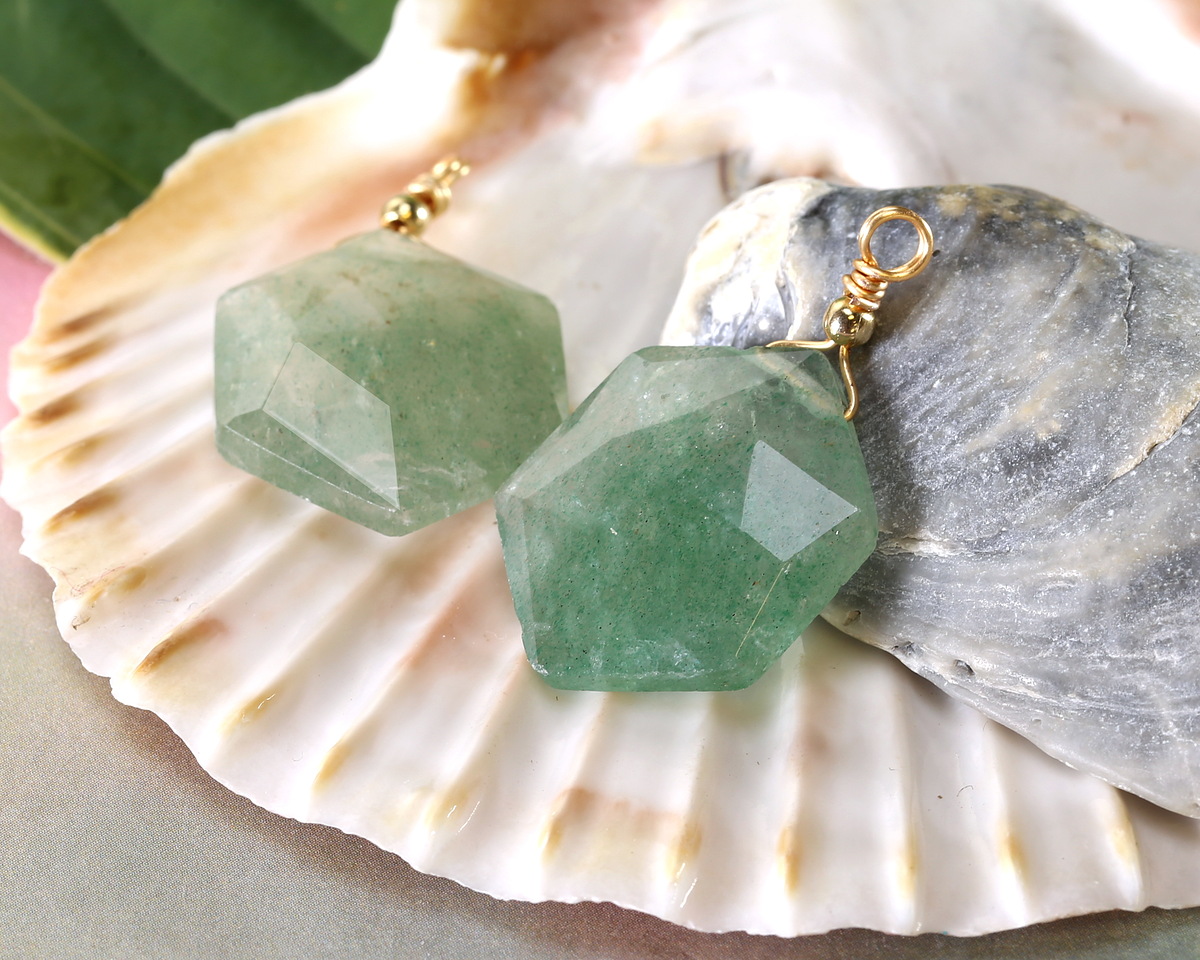 Green Strawberry Quartz w/ Gold Finish Faceted Hexagon Wire Wrapped Pendant 20x25mm