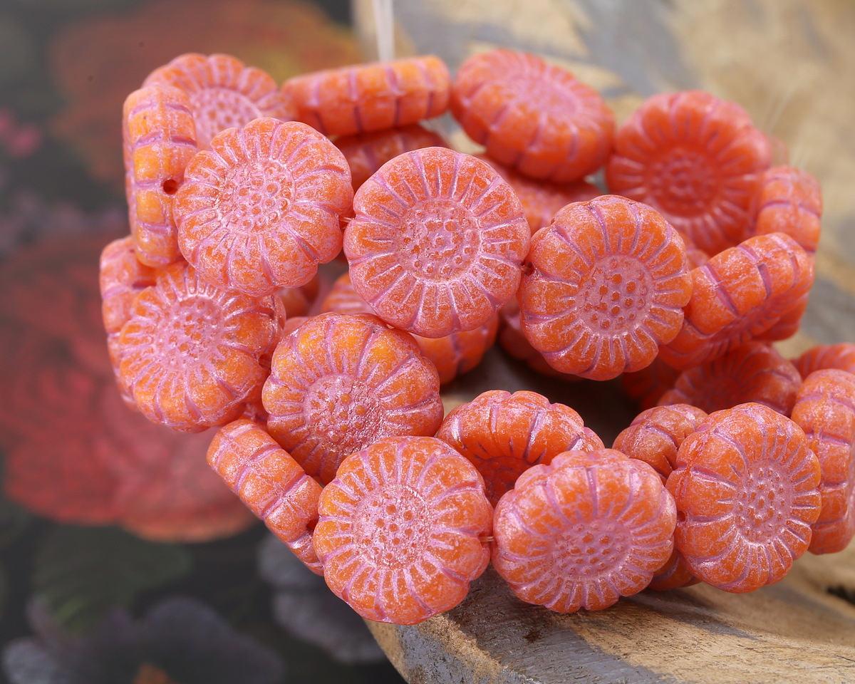 Czech Glass Pumpkin w/ Pink Wash Sunflower 13mm