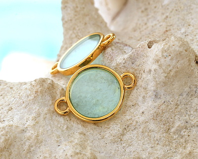 24K Gold (Plated) Transparent Sea Green Resin Round Focal Link 12x17mm