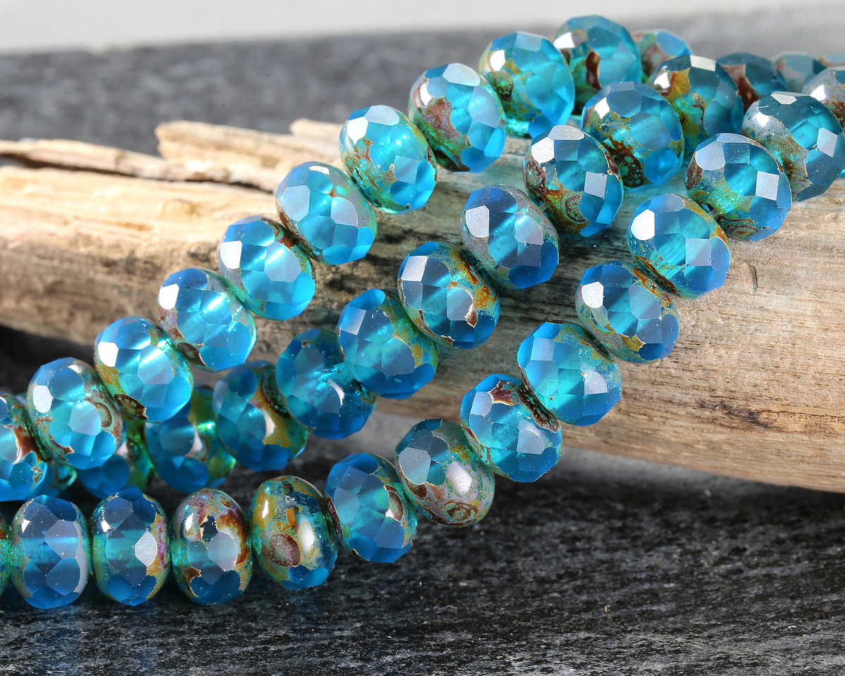 thumbnail image 2 of 18x7mm Czech Glass Capri Blue Picasso Notched Spindle Marquise Beads – Fire Polished 2 of 6