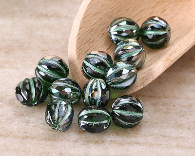 Czech Glass Emerald w/ Iris Brown Luster & Metallic Green Faceted Melon Round 10mm