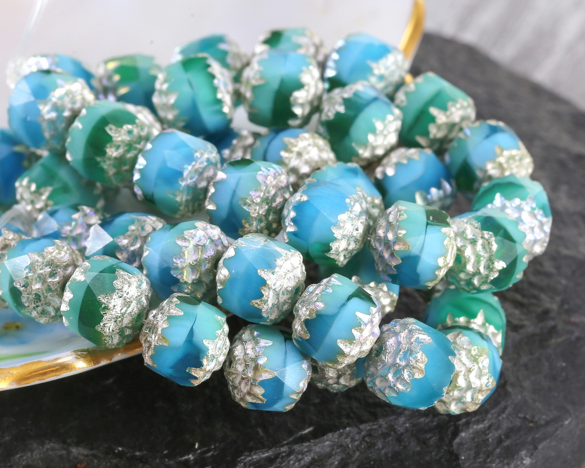 Czech Glass Aquamarine Waters AB w/ Antique Silver Lantern 8mm