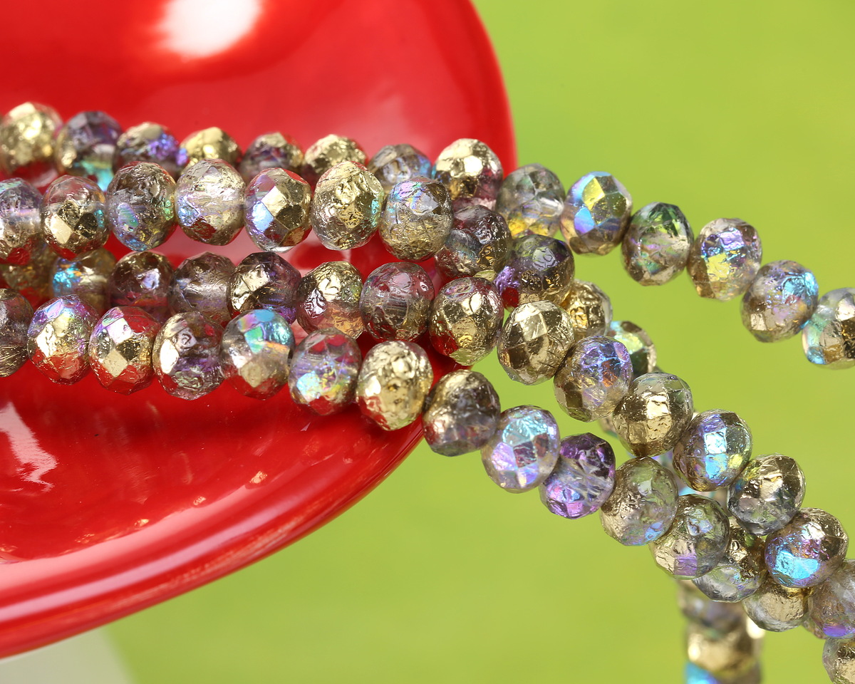 Czech Glass Textured Crystal AB w/ Gold Fire Polished Rondelle 5x7mm