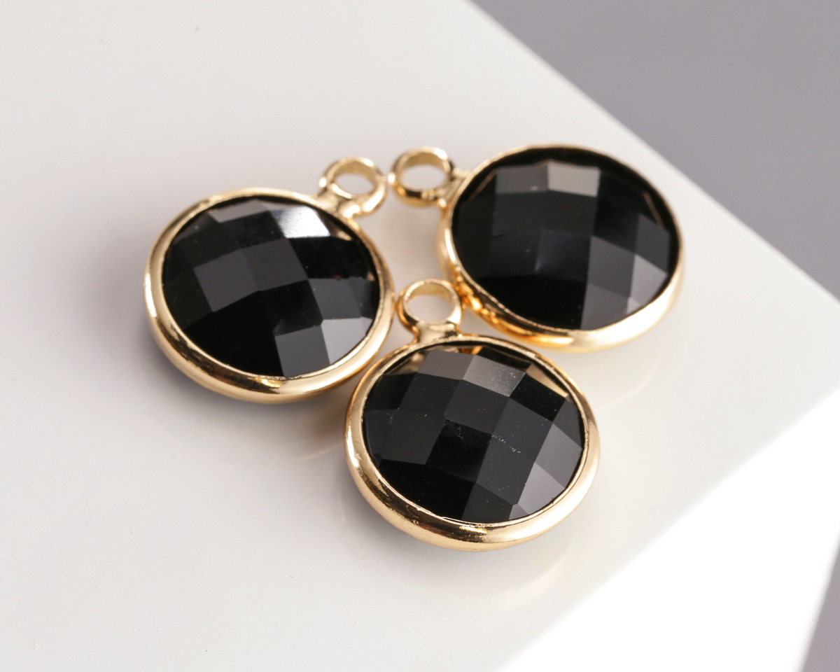 Jet Crystal Round Drop in Gold Finish Bezel 12.8x16.5mm