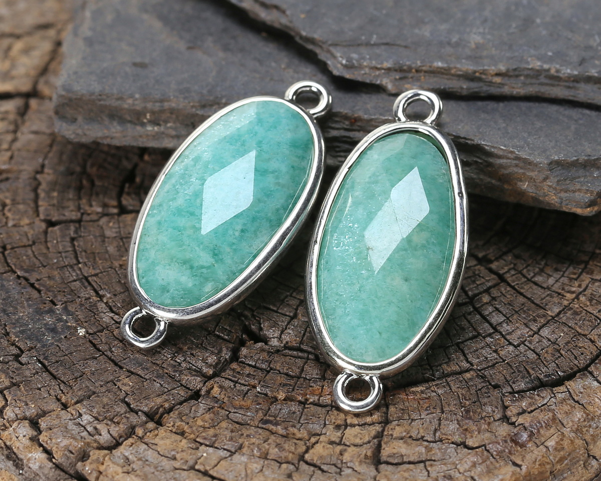 Brazilian Amazonite Faceted Puff Oval Link w/ Silver Finish Bezel 12x20mm