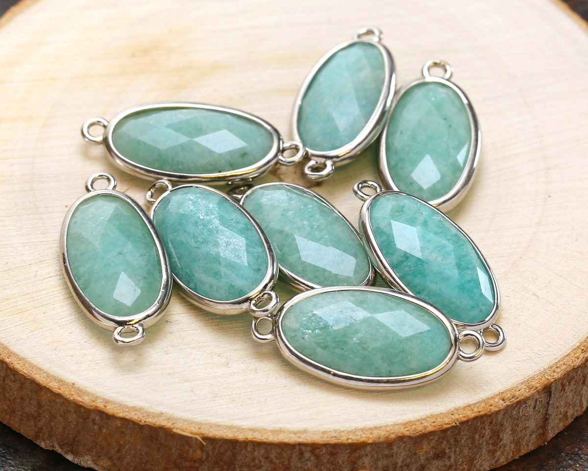 Brazilian Amazonite Faceted Puff Oval Link w/ Silver Finish Bezel 12x20mm