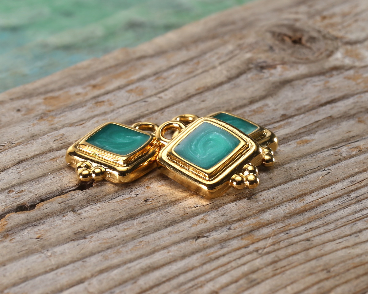 24K Gold (plated) Emerald Pearl Enamel Beaded Square Focal 10x16mm