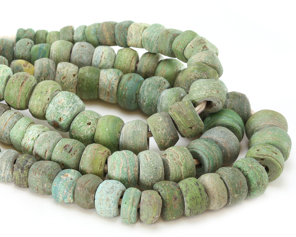 African Glass Green Graduated Antique Hebron Beads 6x15-11x20mm