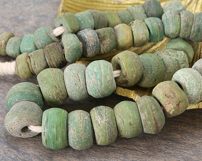 African Glass Green Graduated Antique Hebron Beads 6x15-11x20mm