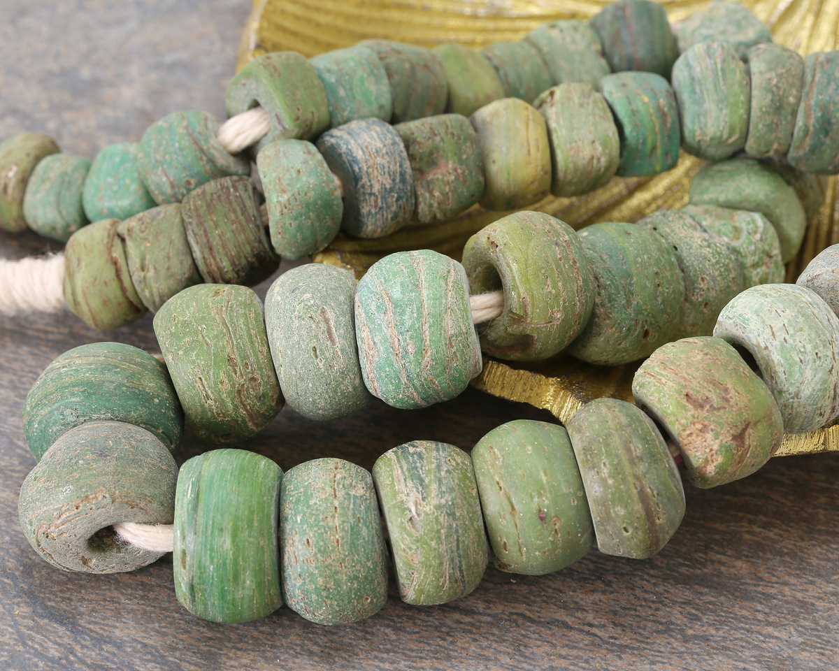 African Glass Green Graduated Antique Hebron Beads 6x15-11x20mm