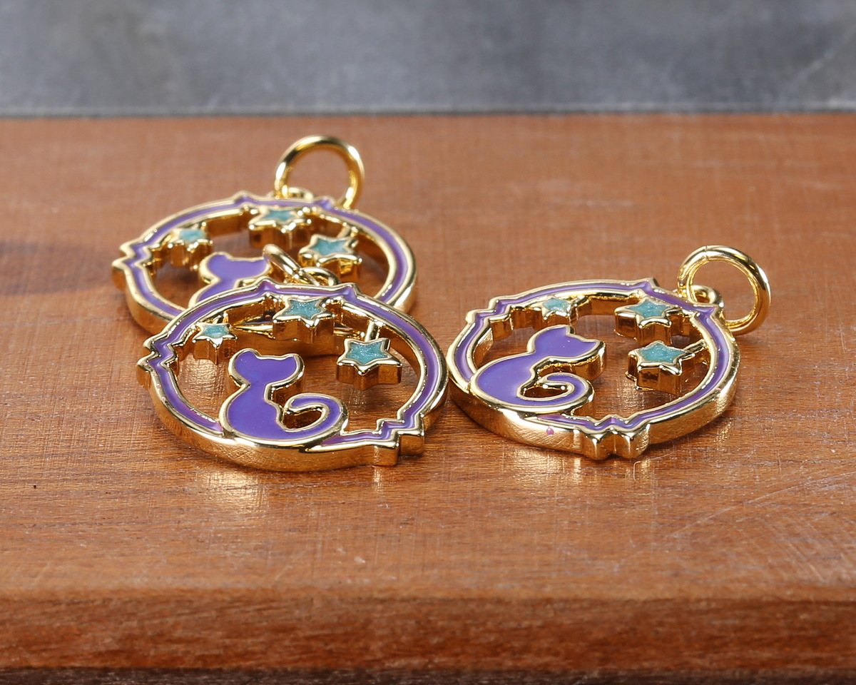 18k Gold (plated) Enamel Twilight Celestial Cat Focal 15.5x16.5mm