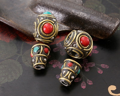 Nepalese Brass w/ Turquoise & Coral Guru Bead 10x21mm
