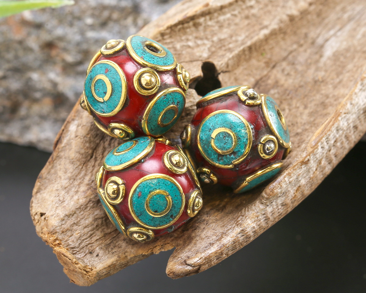 Nepalese Brass Rings w/ Resin Coral & Turquoise Round Bead 15-16mm