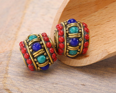 Nepalese Brass Turquoise, Lapis & Small Coral Dots Large Barrel Bead 15x17mm