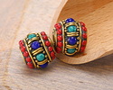 Nepalese Brass Turquoise, Lapis & Small Coral Dots Large Barrel Bead 15x17mm