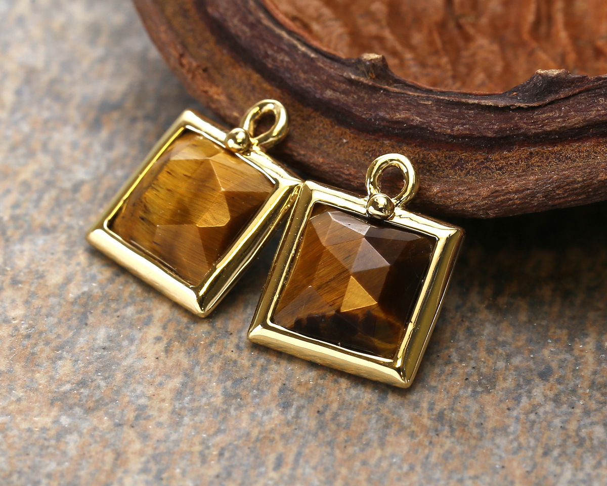 Tiger Eye w/ Gold Finish Faceted Square Focal 10x13mm
