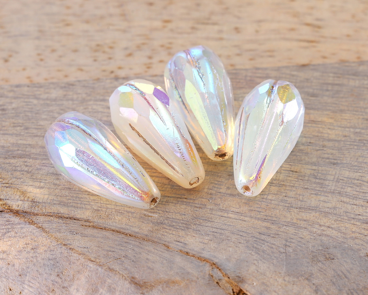 Czech Glass White w/ Rainbow AB & Metallic Beige Wash Faceted Melon Teardrop 23x11mm