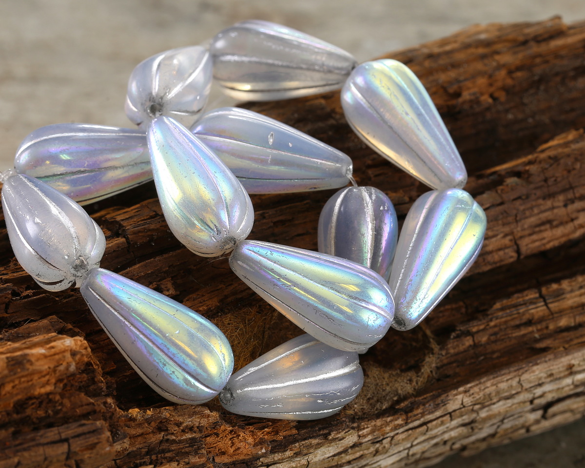 Czech Glass Opal AB w/ Mercury Finish Melon Teardrop 23x12mm