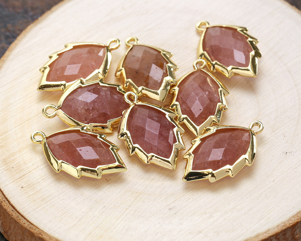 Strawberry Quartz Faceted Puff Leaf Focal w/ Gold Finish 14x22mm