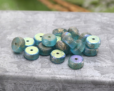 Czech Glass Textured Island Blue w/ Rainbow AB & Gold Finishes Heishi 4x8mm