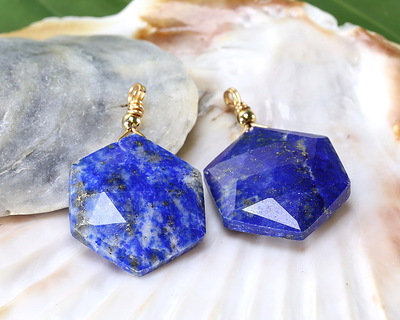 Lapis w/ Gold Finish Faceted Hexagon Wire Wrapped Pendant 20x25mm