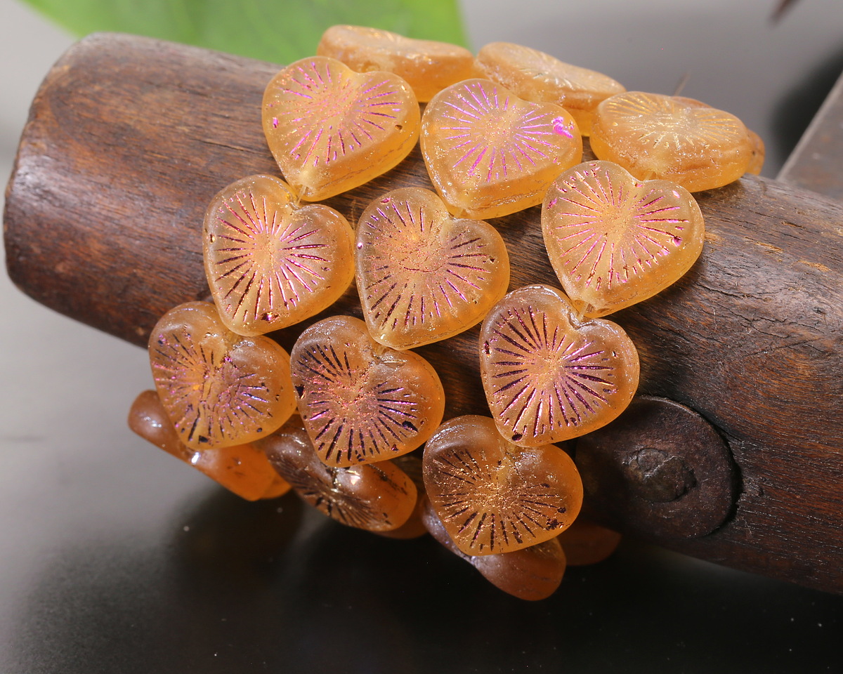 Czech Glass Matte Amber w/ Metallic Rainbow Starburst Heart 13x14mm