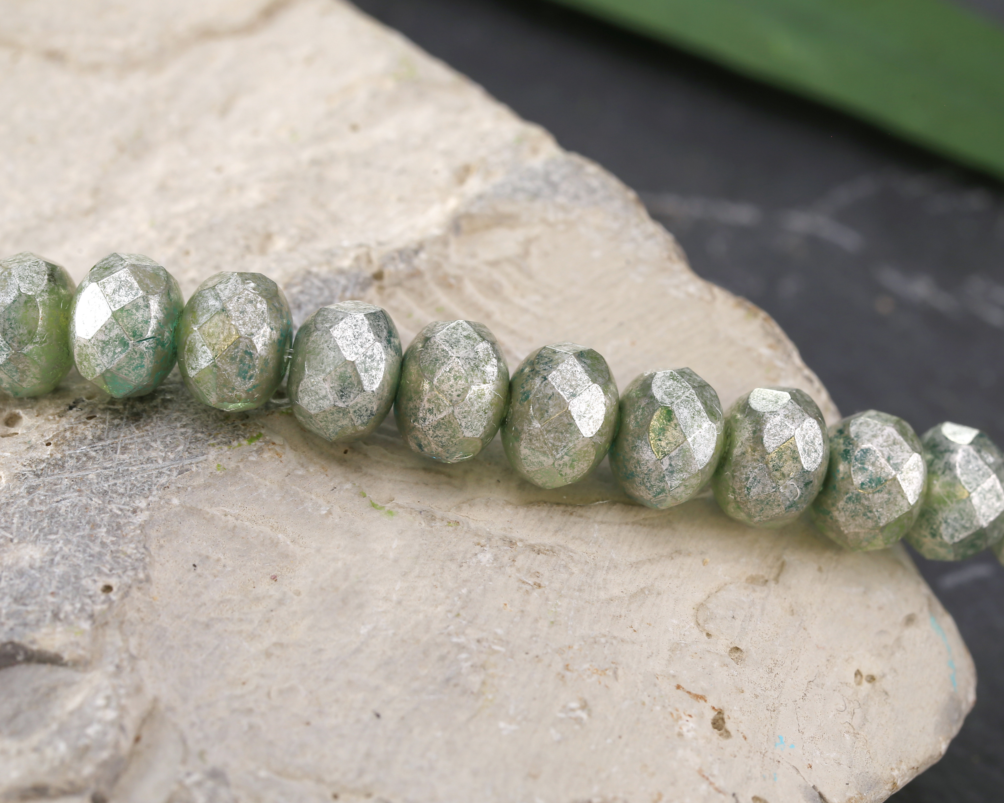 Czech Glass Beryl w/ Silver Wash Fire Polished Rondelle 6x8mm