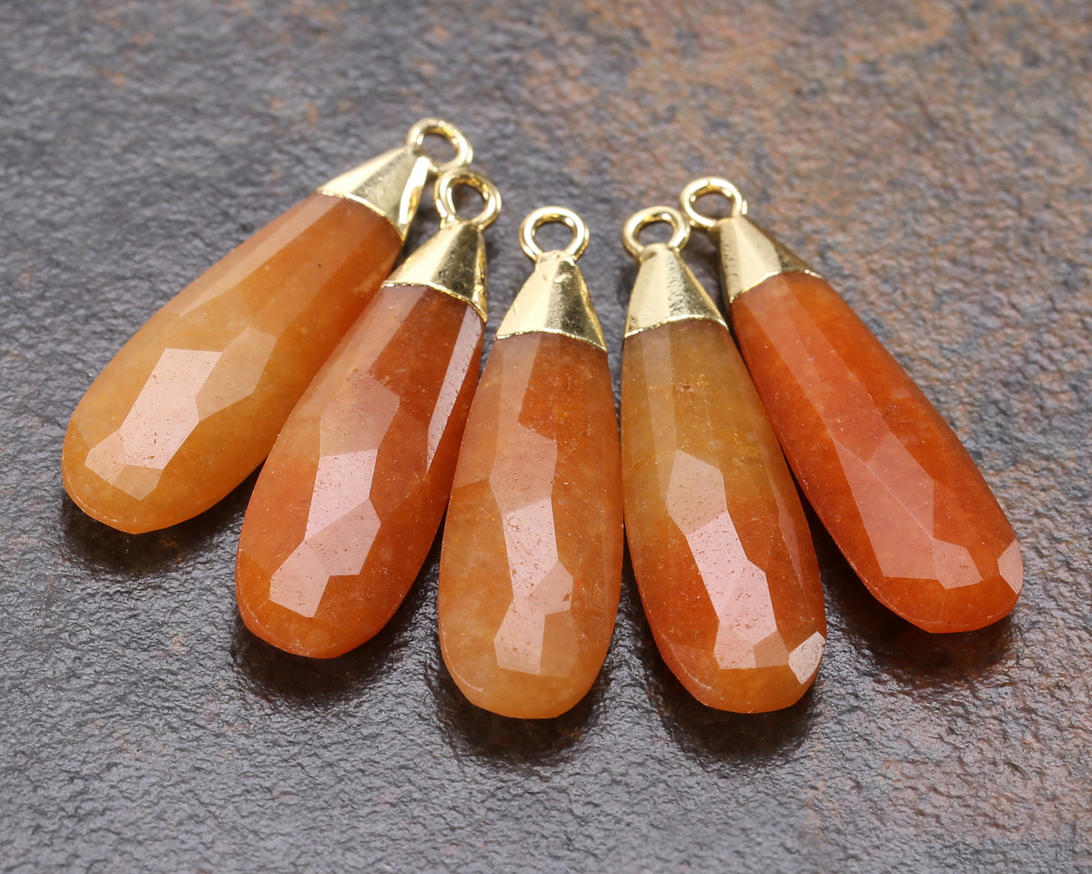 Red Aventurine Faceted Puff Teardrop Focal w/ Gold Finish 9x28mm