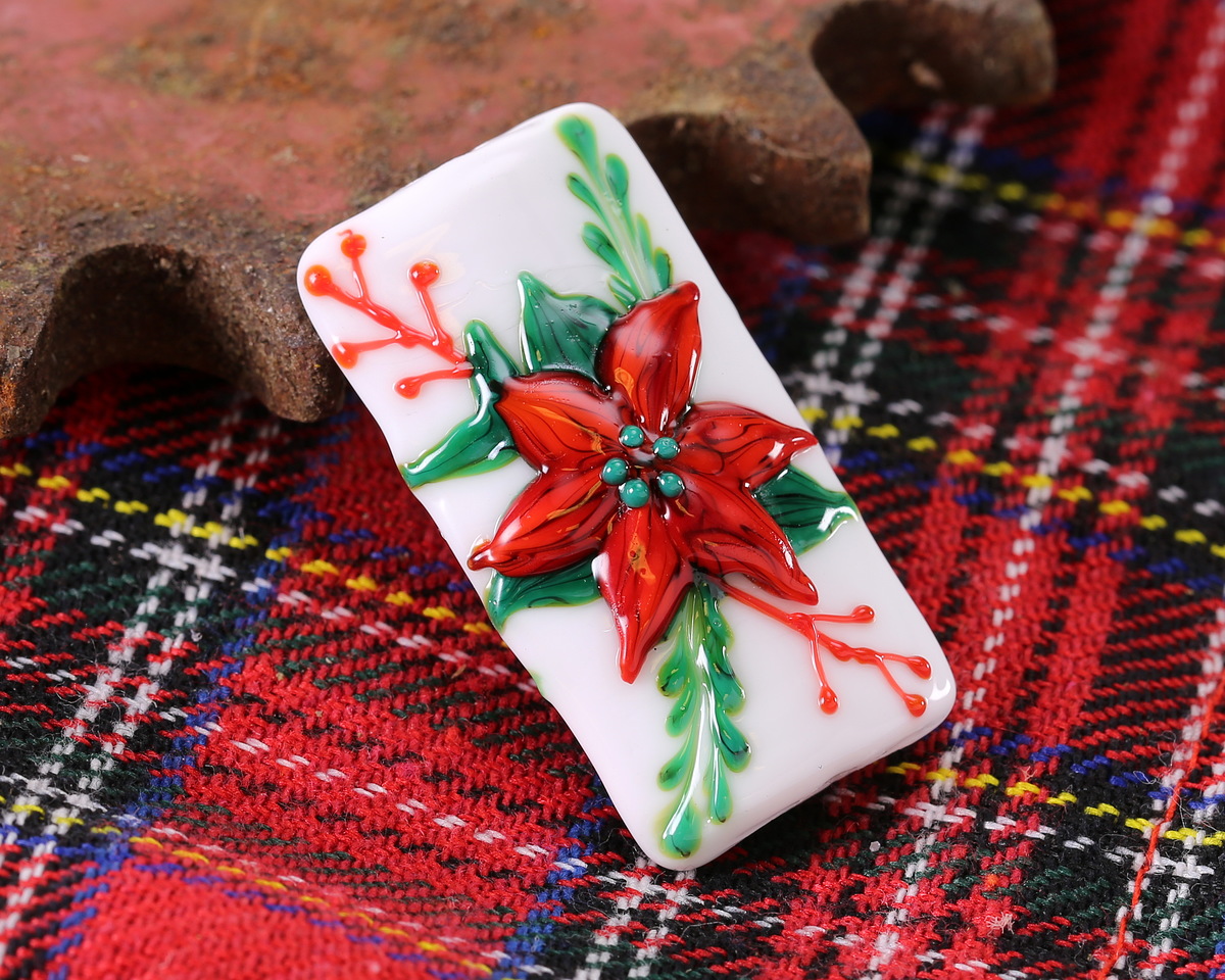 Grace Lampwork Red Poinsettia Christmas Kalera Focal Bead 38x19mm
