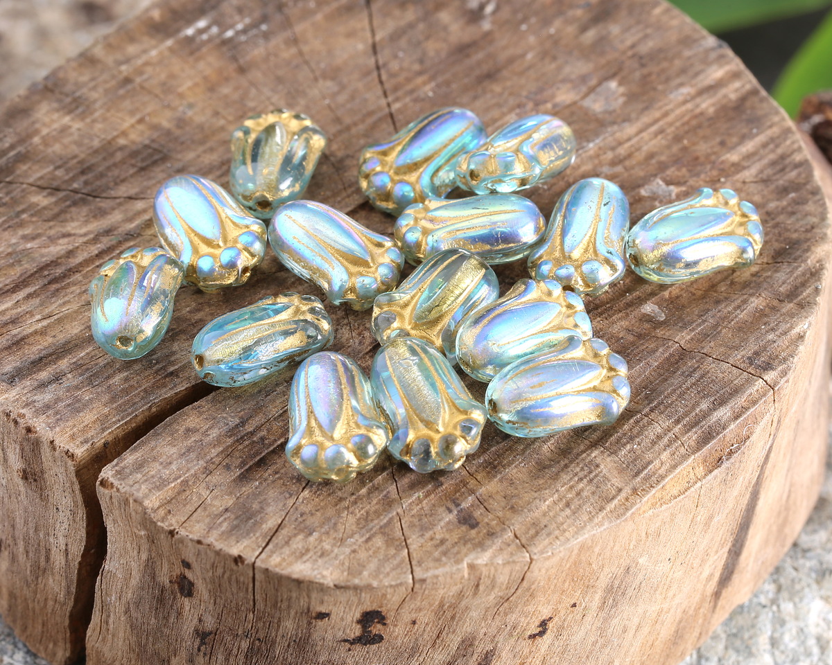 Czech Glass Aquamarine AB w/ Gold Tulip 12x8mm