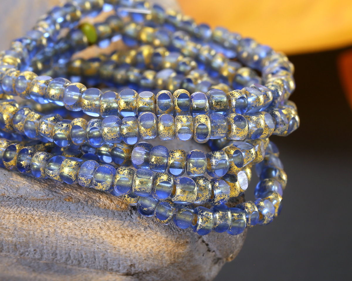 Czech Glass Matte Light Sapphire w/ Antique Gold Trica Beads 3x4mm