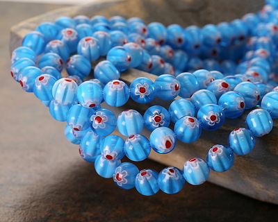 Millefiori Glass Sea Blue w/ White & Red Flower Round 8mm