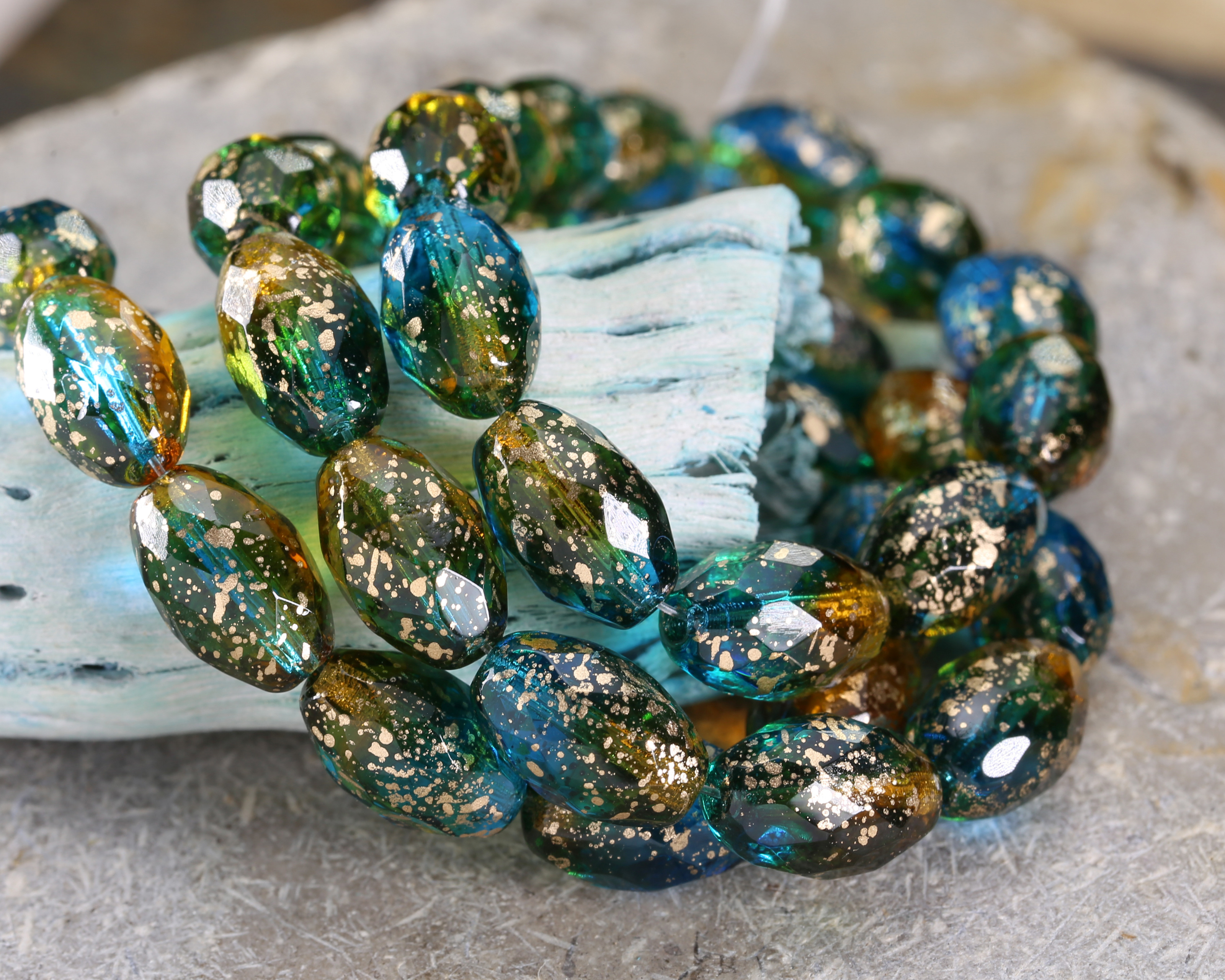 Czech Glass Rainforest w/ Gold Flecks Fire Polished Rice 12x8mm