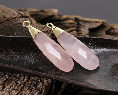 Rose Quartz Faceted Puff Teardrop Focal w/ Gold Finish 9x28mm