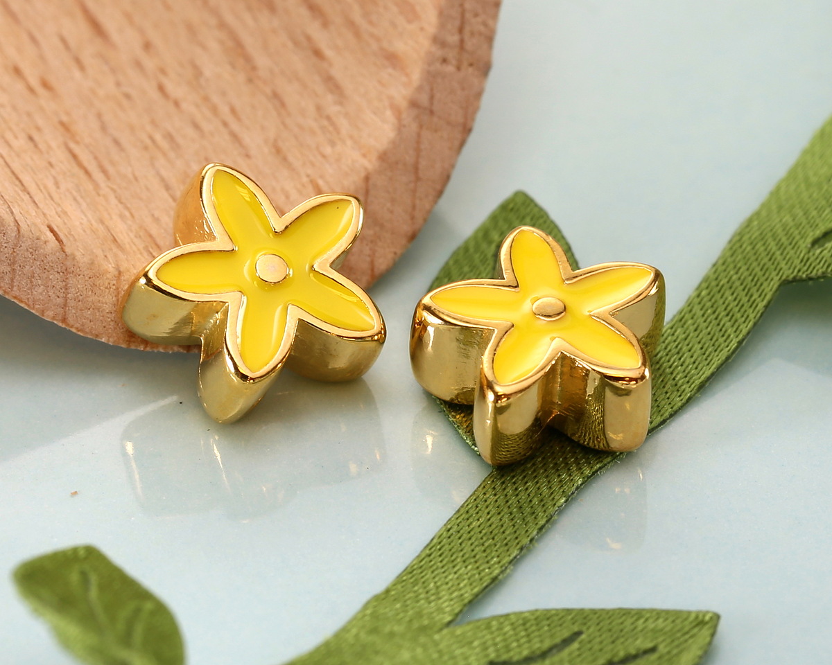 24K Gold (plated) Yellow Enamel Flower Bead 11mm