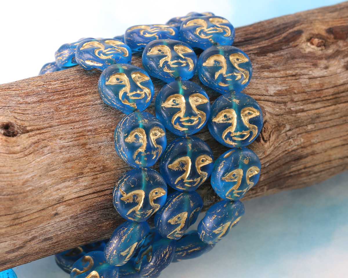 Czech Glass Matte Capri Blue w/ Gold Moon Face 13mm