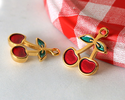 24K Gold (Plated) Enameled Cherry Focal 14x20mm