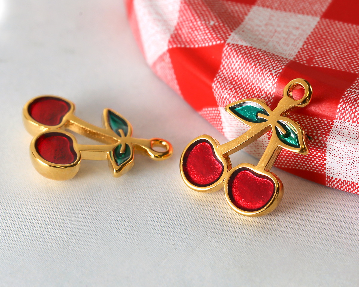 24K Gold (Plated) Enameled Cherry Focal 14x20mm