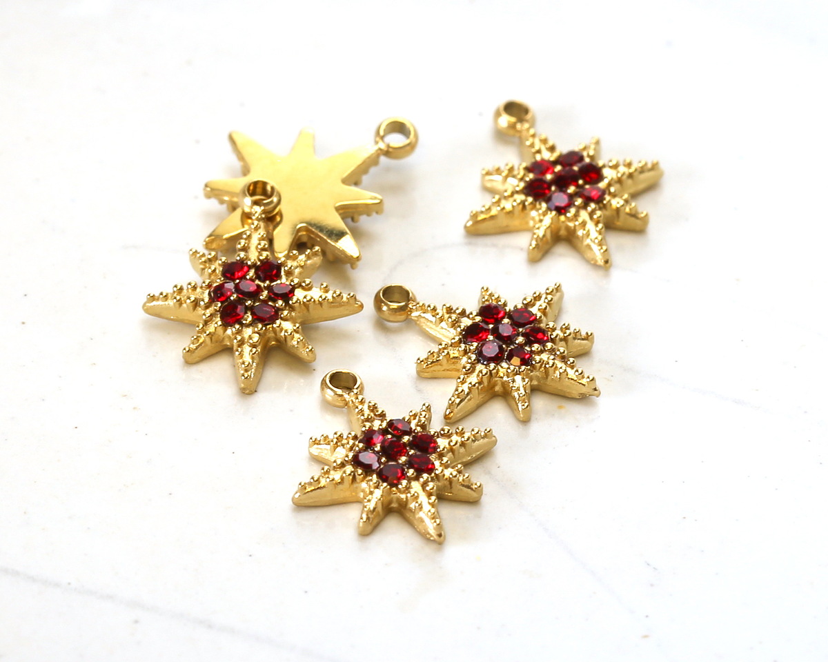 14K Gold (plated) Stainless Steel Star w/ Garnet Crystal Pavé Focal 9x11mm