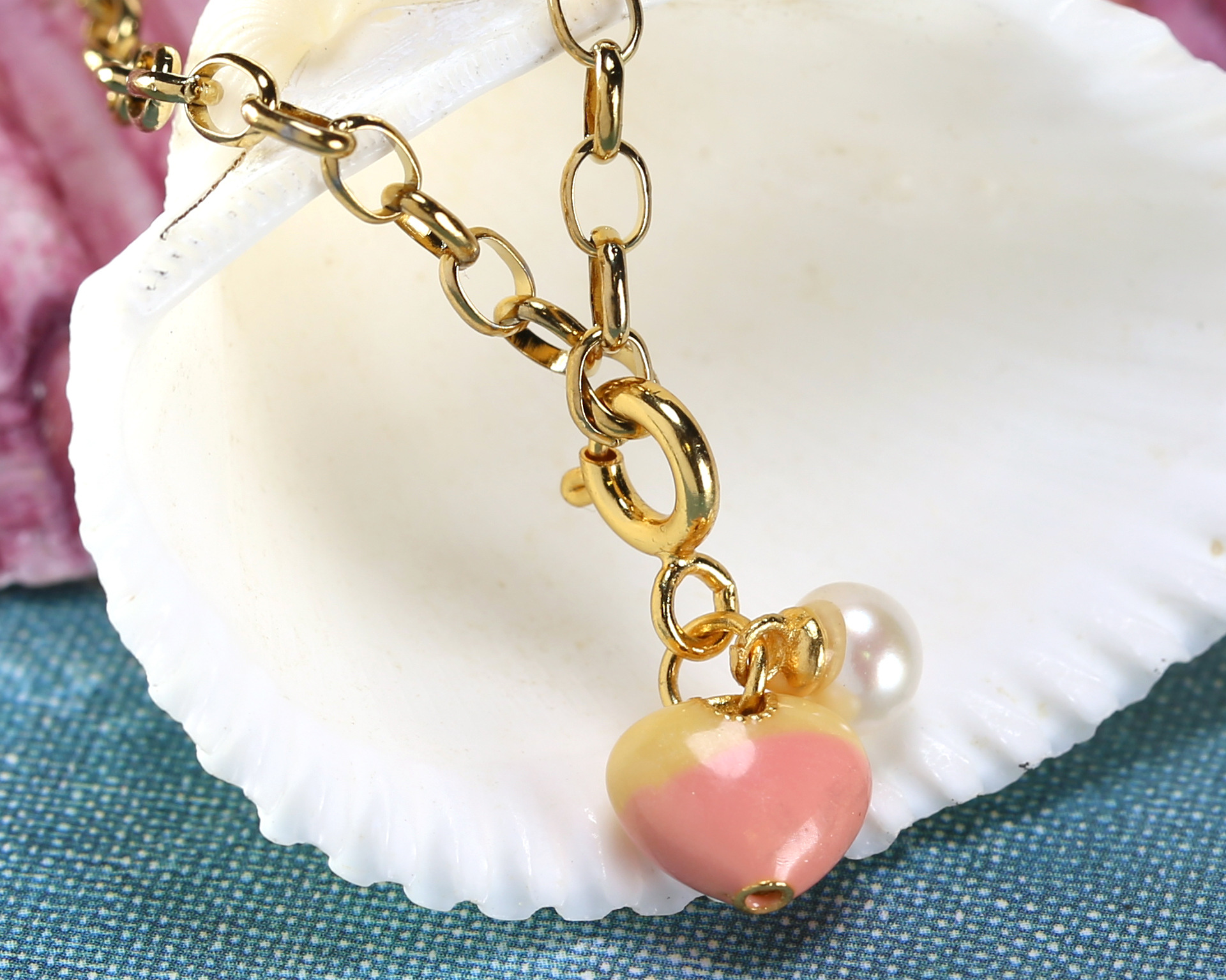 Pink Lemonade Enamel & 24K Gold (plated) Puff Heart Charm w/ Pearl Drop 8x7mm