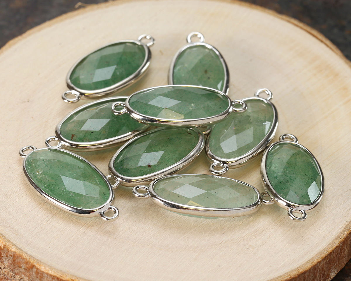 Green Strawberry Quartz Faceted Puff Oval Link w/ Silver Finish Bezel 12x20mm