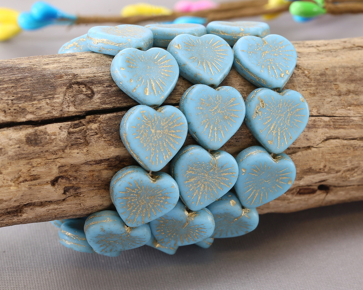 Czech Glass Matte Sky Blue w/ Gold Wash Starburst Heart 14mm