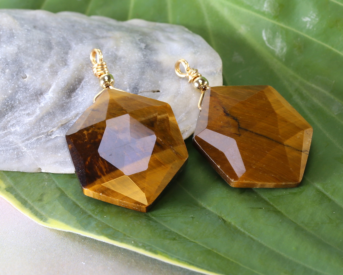 Tiger Eye w/ Gold Finish Faceted Hexagon Wire Wrapped Pendant 20x25mm